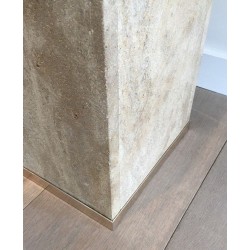 Travertine & Brass Pedestal Column by Willy Rizzo, France circa 1970