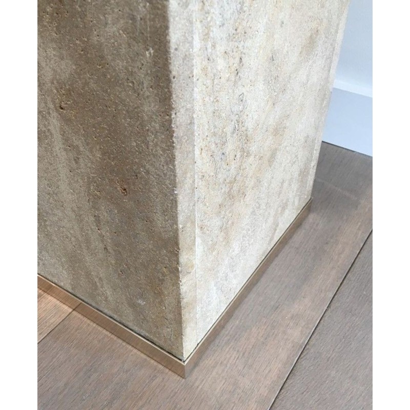 Travertine & Brass Pedestal Column by Willy Rizzo, France circa 1970