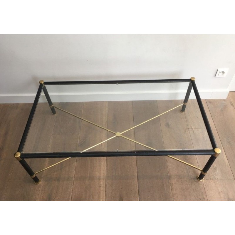 Table Basse Rectangulaire en Laiton et Cuir Noir dans le Goût de Jacques Adnet, circa 1970