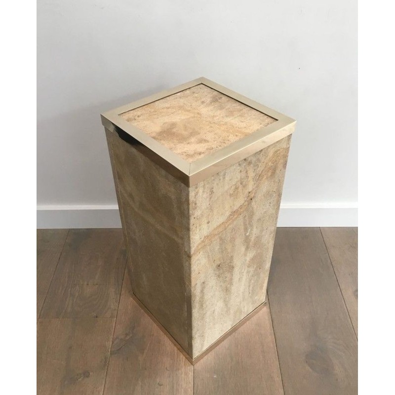 Travertine & Brass Pedestal Column by Willy Rizzo, France circa 1970