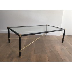 Table Basse Rectangulaire en Laiton et Cuir Noir dans le Goût de Jacques Adnet, circa 1970