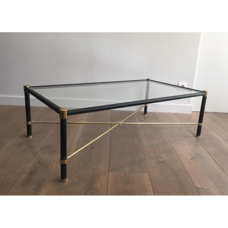 Table Basse Rectangulaire en Laiton et Cuir Noir dans le Goût de Jacques Adnet, circa 1970