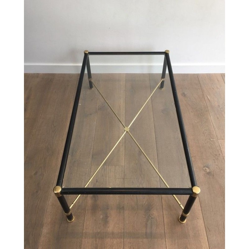 Table Basse Rectangulaire en Laiton et Cuir Noir dans le Goût de Jacques Adnet, circa 1970