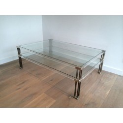 Grande Table Basse Moderniste à Deux Niveaux en Chrome et Lucite, France circa 1970