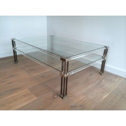Large Modernist Two-Tier Chrome & Lucite Coffee Table, France circa 1970