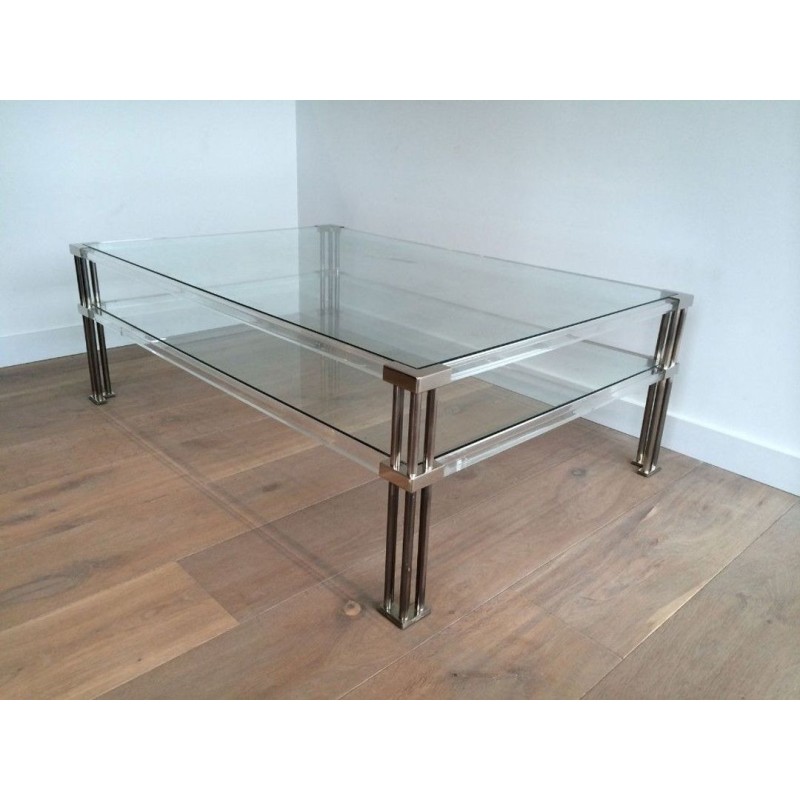 Large Modernist Two-Tier Chrome & Lucite Coffee Table, France circa 1970