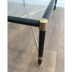 Table Basse Rectangulaire en Laiton et Cuir Noir dans le Goût de Jacques Adnet, circa 1970