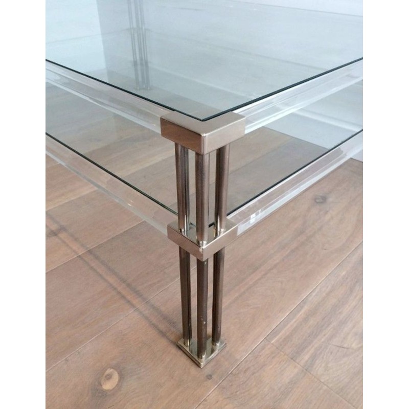 Grande Table Basse Moderniste à Deux Niveaux en Chrome et Lucite, France circa 1970