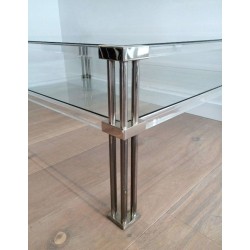 Grande Table Basse Moderniste à Deux Niveaux en Chrome et Lucite, France circa 1970