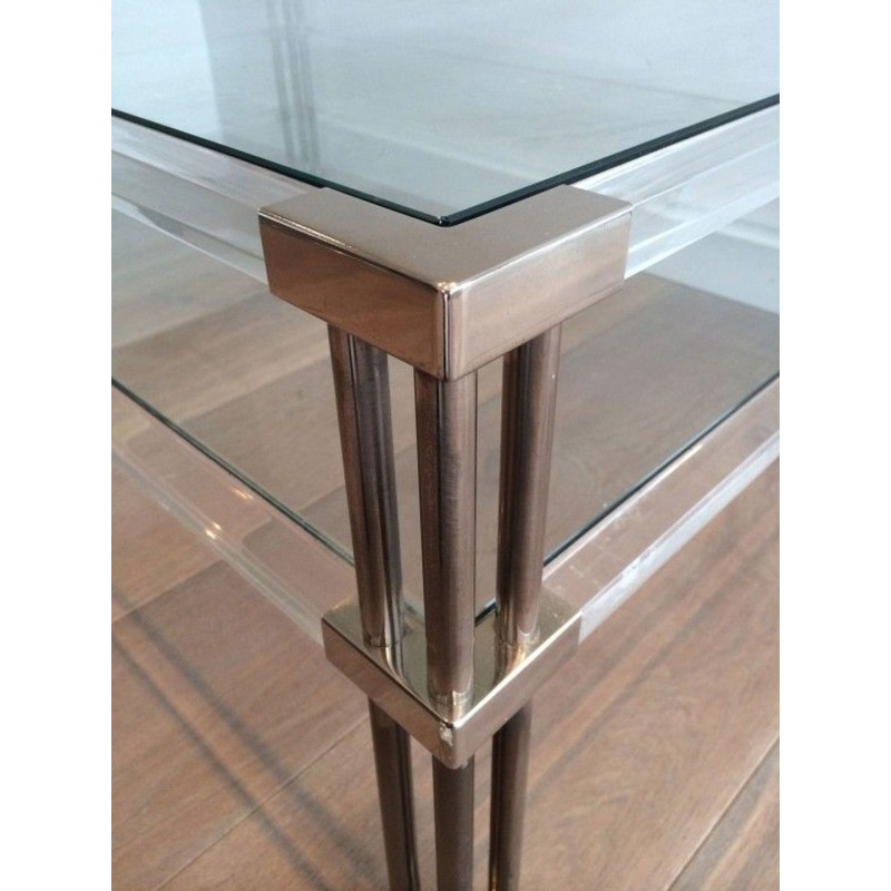 Large Modernist Two-Tier Chrome & Lucite Coffee Table, France circa 1970