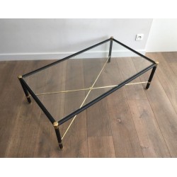 Table Basse Rectangulaire en Laiton et Cuir Noir dans le Goût de Jacques Adnet, circa 1970