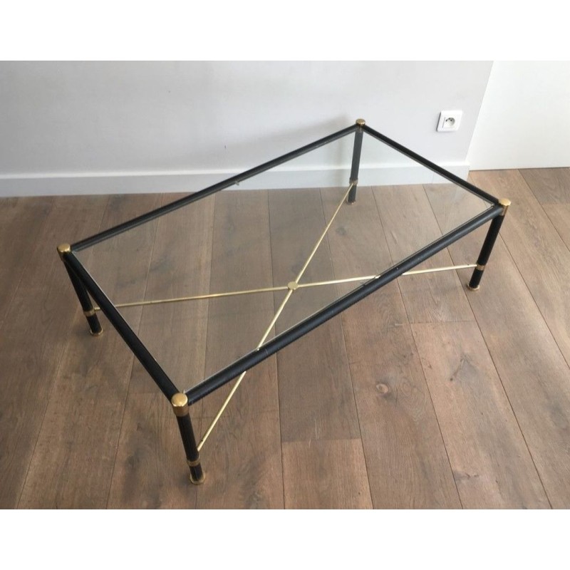 Table Basse Rectangulaire en Laiton et Cuir Noir dans le Goût de Jacques Adnet, circa 1970