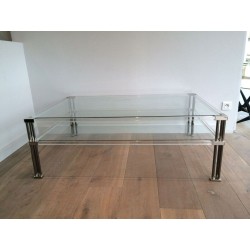 Large Modernist Two-Tier Chrome & Lucite Coffee Table, France circa 1970