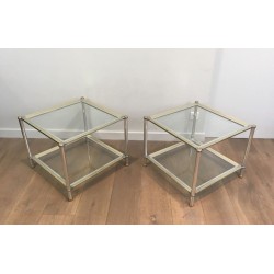 Paire de Bouts de Canapé Carrés en Métal Chromé, Doré et Argenté, France circa 1970