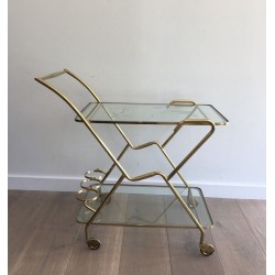 Table Roulante Italienne en Laiton et Verre Gravé à Deux Niveaux, circa 1950