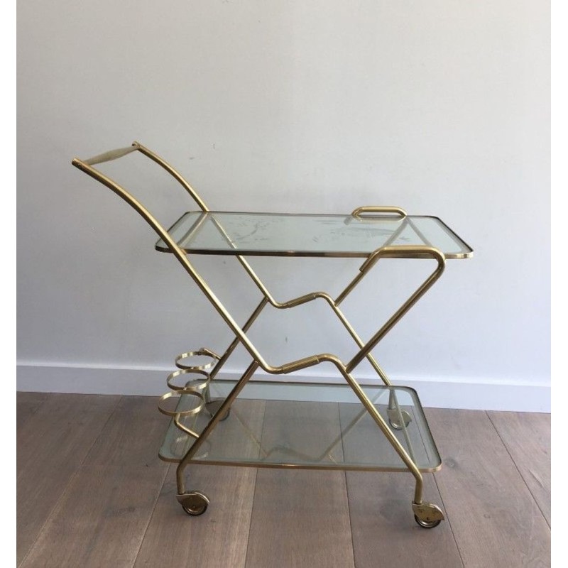 Table Roulante Italienne en Laiton et Verre Gravé à Deux Niveaux, circa 1950