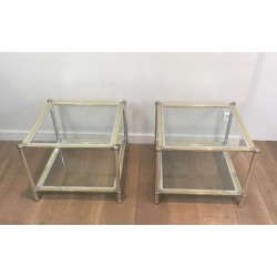 Paire de Bouts de Canapé Carrés en Métal Chromé, Doré et Argenté, France circa 1970