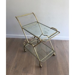 Italian Brass & Engraved Glass Two-Tier Drinks Trolley with Angled Top, circa 1950