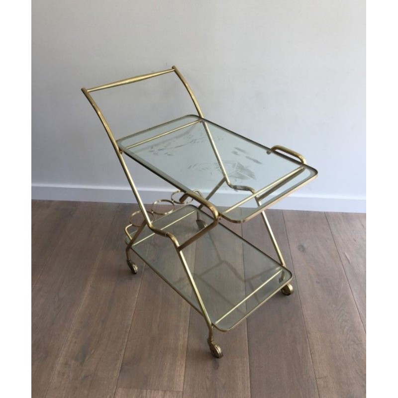 Italian Brass & Engraved Glass Two-Tier Drinks Trolley with Angled Top, circa 1950