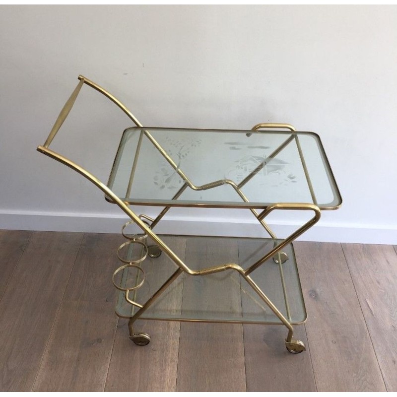 Italian Brass & Engraved Glass Two-Tier Drinks Trolley with Angled Top, circa 1950