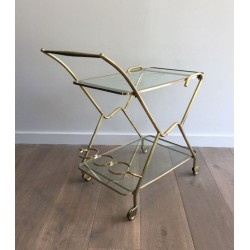 Table Roulante Italienne en Laiton et Verre Gravé à Deux Niveaux, circa 1950