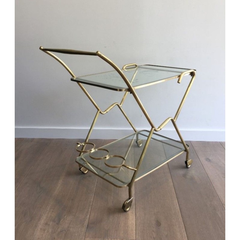 Table Roulante Italienne en Laiton et Verre Gravé à Deux Niveaux, circa 1950