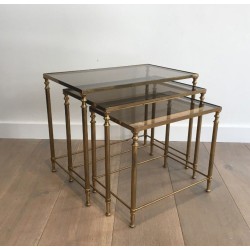 Set of Three Neoclassical Gilt Brass & Smoked Glass Nesting Tables, France circa 1940