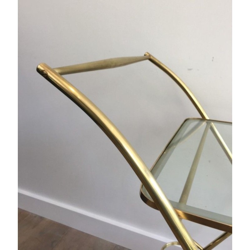 Italian Brass & Engraved Glass Two-Tier Drinks Trolley with Angled Top, circa 1950