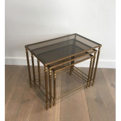 Set of Three Neoclassical Gilt Brass & Smoked Glass Nesting Tables, France circa 1940