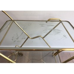 Table Roulante Italienne en Laiton et Verre Gravé à Deux Niveaux, circa 1950