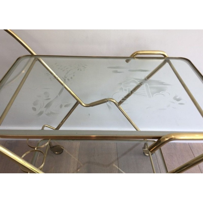 Italian Brass & Engraved Glass Two-Tier Drinks Trolley with Angled Top, circa 1950