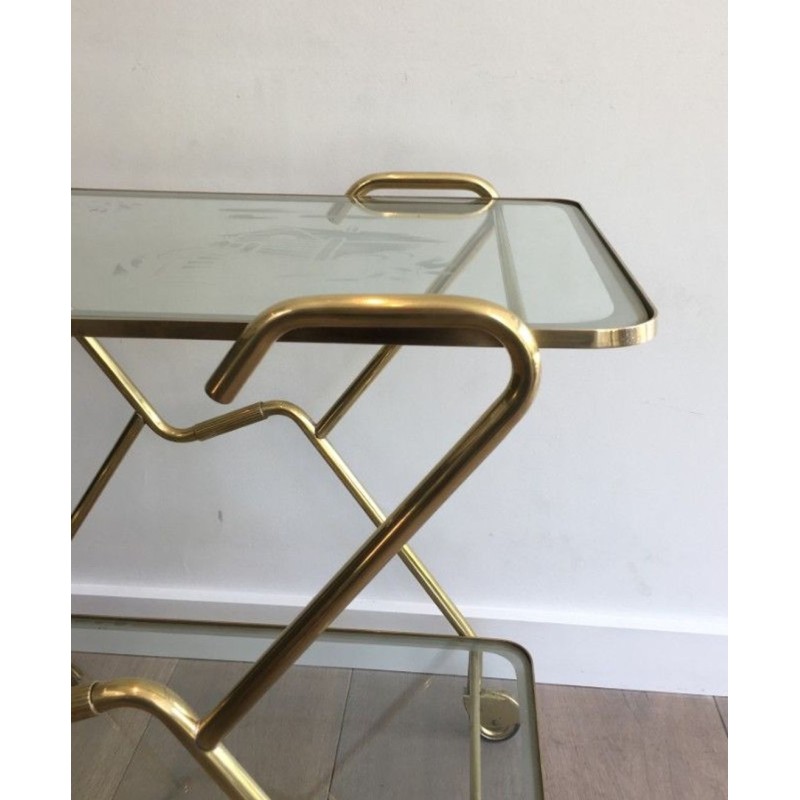 Italian Brass & Engraved Glass Two-Tier Drinks Trolley with Angled Top, circa 1950