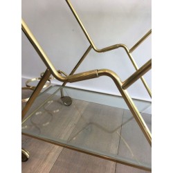 Table Roulante Italienne en Laiton et Verre Gravé à Deux Niveaux, circa 1950