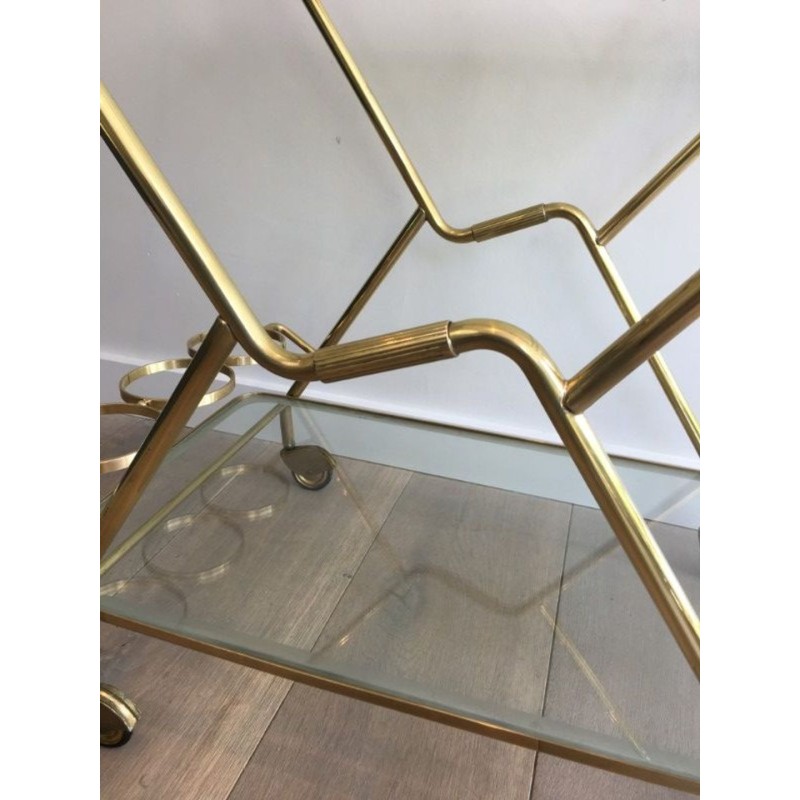 Table Roulante Italienne en Laiton et Verre Gravé à Deux Niveaux, circa 1950
