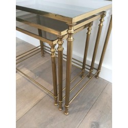 Set of Three Neoclassical Gilt Brass & Smoked Glass Nesting Tables, France circa 1940