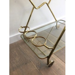 Italian Brass & Engraved Glass Two-Tier Drinks Trolley with Angled Top, circa 1950