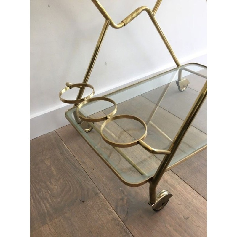 Italian Brass & Engraved Glass Two-Tier Drinks Trolley with Angled Top, circa 1950