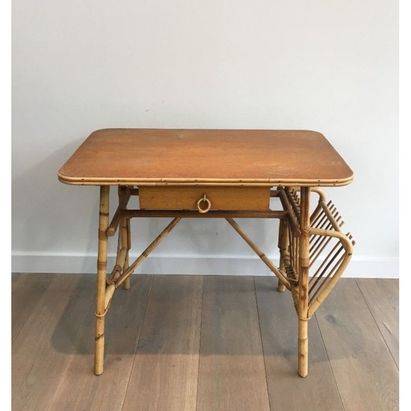 Bureau en Rotin avec Porte-Revues Intégré et Tiroir, France circa 1970