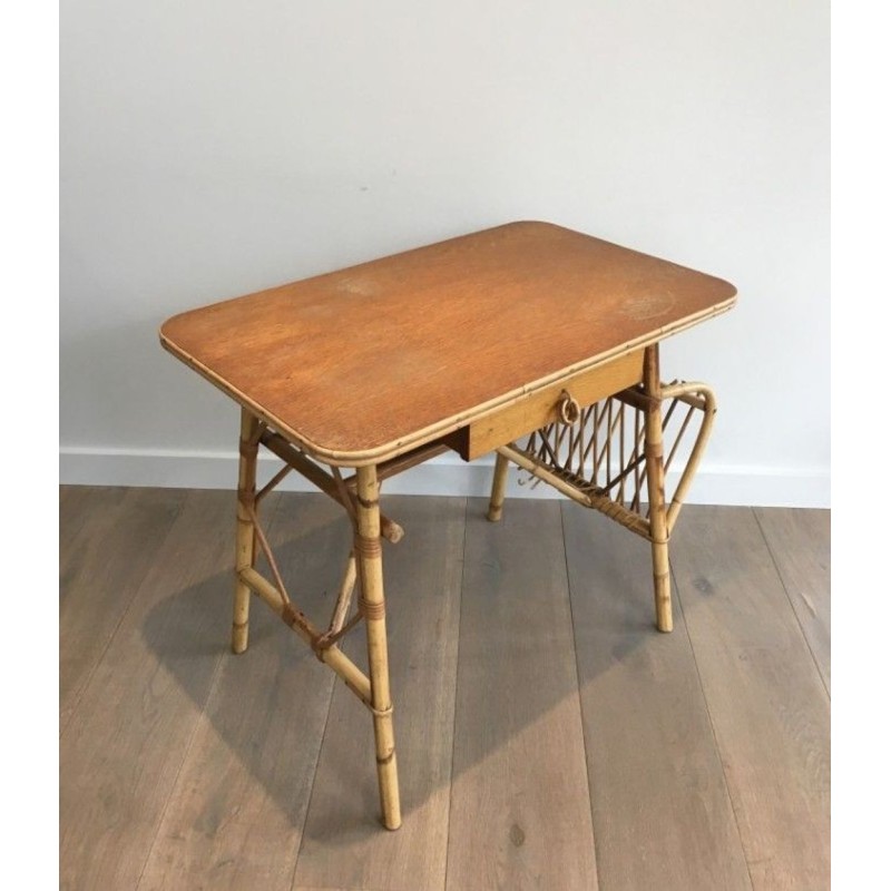 Bureau en Rotin avec Porte-Revues Intégré et Tiroir, France circa 1970