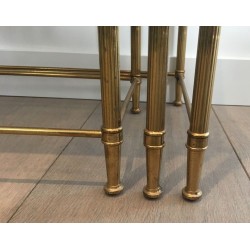 Set of Three Neoclassical Gilt Brass & Smoked Glass Nesting Tables, France circa 1940