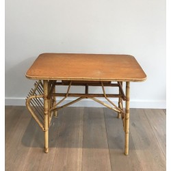 Bureau en Rotin avec Porte-Revues Intégré et Tiroir, France circa 1970