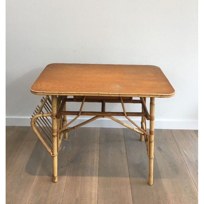 Bureau en Rotin avec Porte-Revues Intégré et Tiroir, France circa 1970