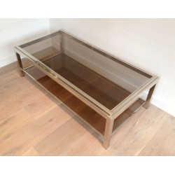 Grande Table Basse en Chrome et Verre Fumé à Large Cadre Clouté, circa 1970