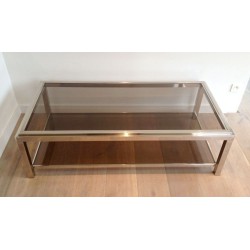 Grande Table Basse en Chrome et Verre Fumé à Large Cadre Clouté, circa 1970