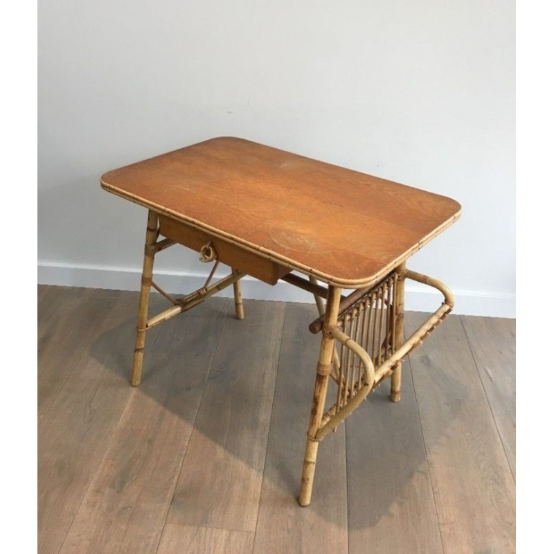 Bureau en Rotin avec Porte-Revues Intégré et Tiroir, France circa 1970