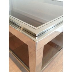 Grande Table Basse en Chrome et Verre Fumé à Large Cadre Clouté, circa 1970