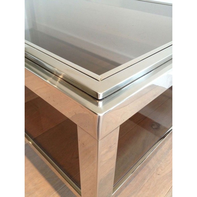 Grande Table Basse en Chrome et Verre Fumé à Large Cadre Clouté, circa 1970