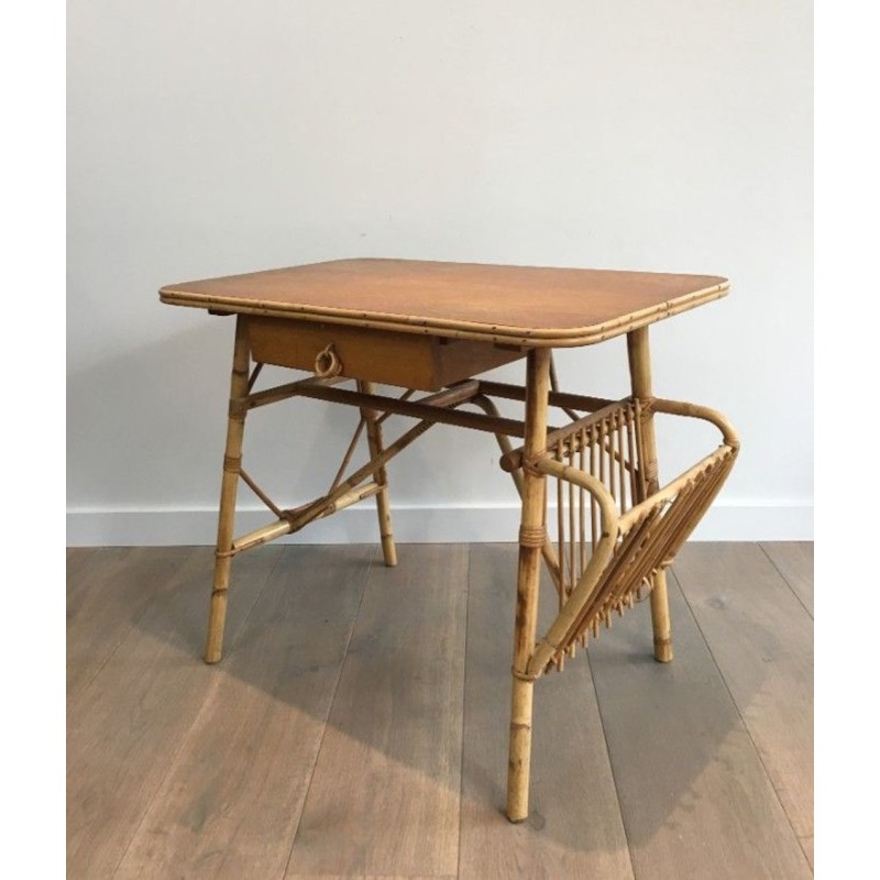 Rattan Writing Desk with Integrated Magazine Rack and Drawer, France circa 1970