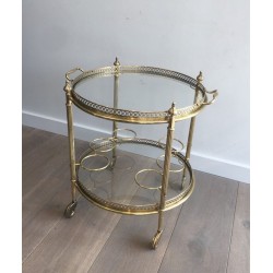 Neoclassical Gilt Brass Two-Tier Oval Drinks Trolley, Attributed to Maison Jansen, c.1940