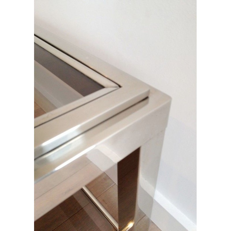 Grande Table Basse en Chrome et Verre Fumé à Large Cadre Clouté, circa 1970
